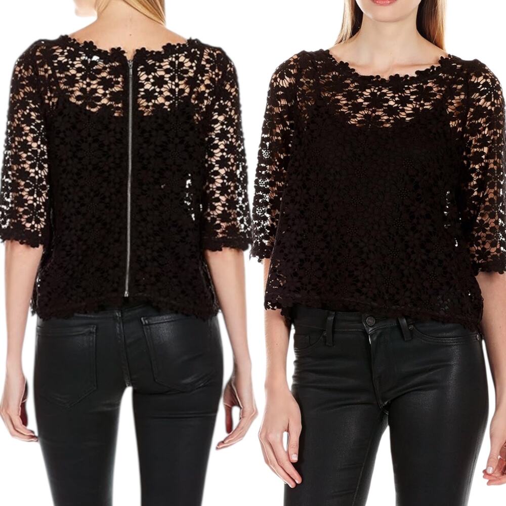 117.JOIE | NWT Joie Women's Elvia D Lace 3/4 Sleeve Caviar Zippered Top XS $328